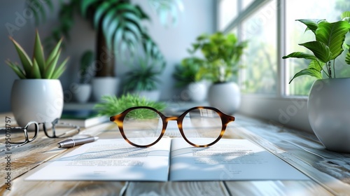 Tortoise Shell Eyeglasses Resting on Open Book on Wooden Table Near Window