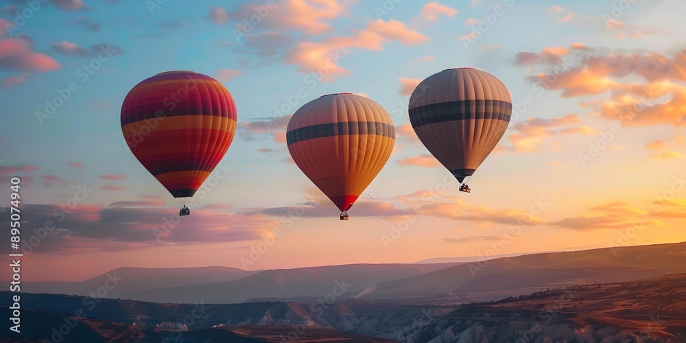Fototapeta premium Three Hot Air Balloons Flying Over Mountains During Sunset