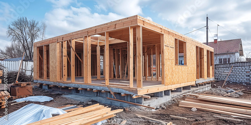 Production of new wooden modular houses. Construction site photo