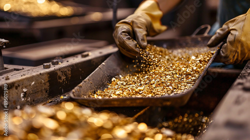 A worker handling trays of gold flakes in a processing facility, illustrating the process of refining precious metals. photo