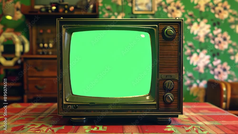 Animated retro vintage portable television in old style interior with chroma key green screen