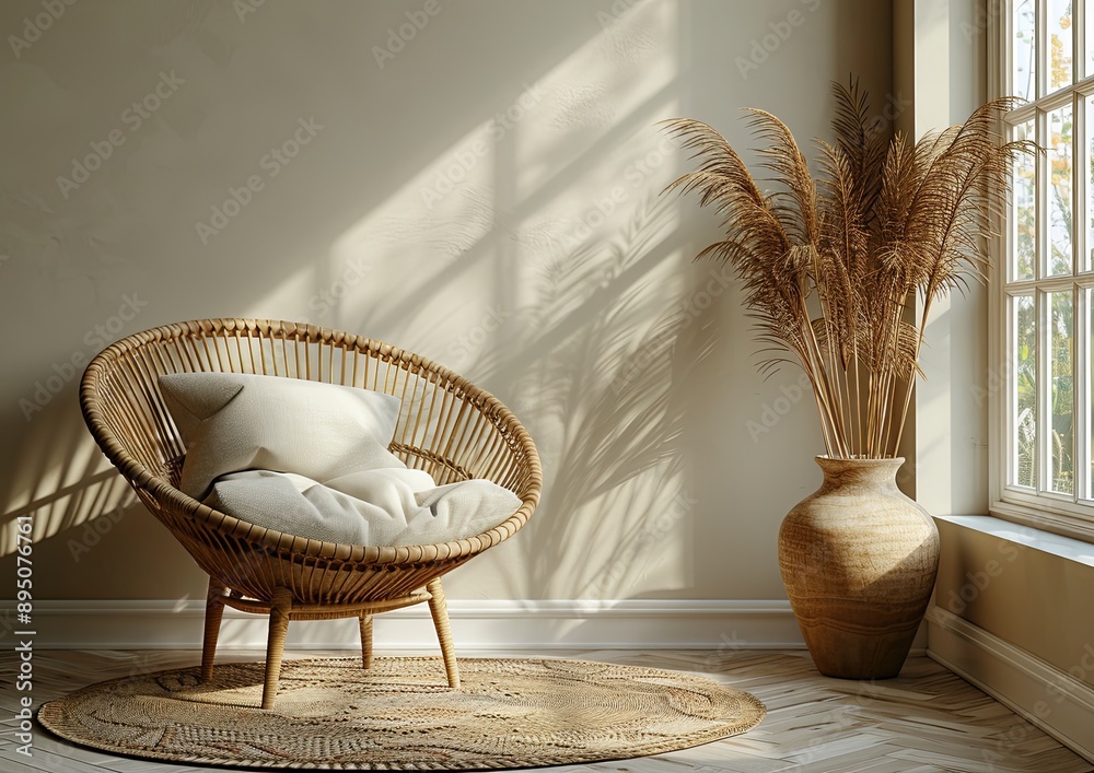 interior of a room in boho style with a chair and big window. interior of a room in boho style with a chair and big window.