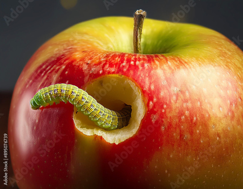 Close-up with a worm coming out of an apple photo