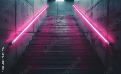Pink Neon Lights on Concrete Staircase
