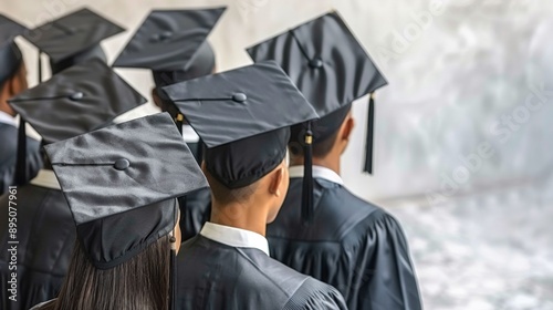 A group of graduates are standing in a row, all wearing black caps and gowns