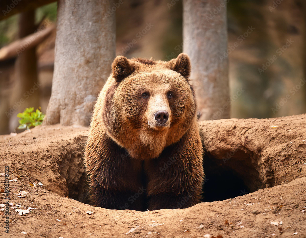 Obraz premium A brown bear coming out of the den