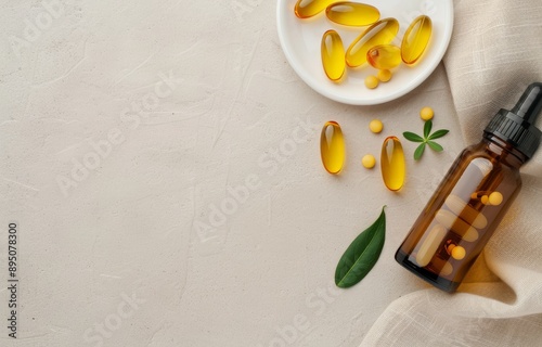Bottles and Pills on Beige Background
