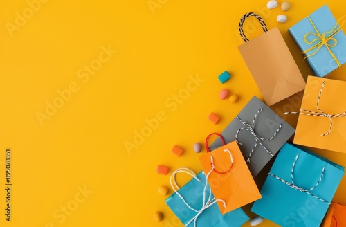 Shopping Cart and Bags on Yellow Background