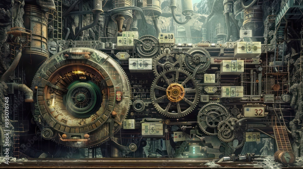 artistic representation of a budget as a complex machine with cogs and wheels made from banknotes, set in a steampunk environment artistic representation of a budget as a complex machine with cogs and wheels made from banknotes, set in a steampunk environment