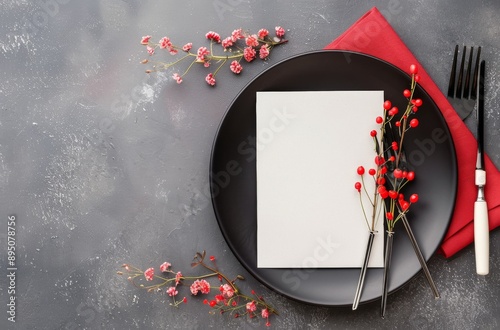 Table Setting With Blank Card on Black Plate