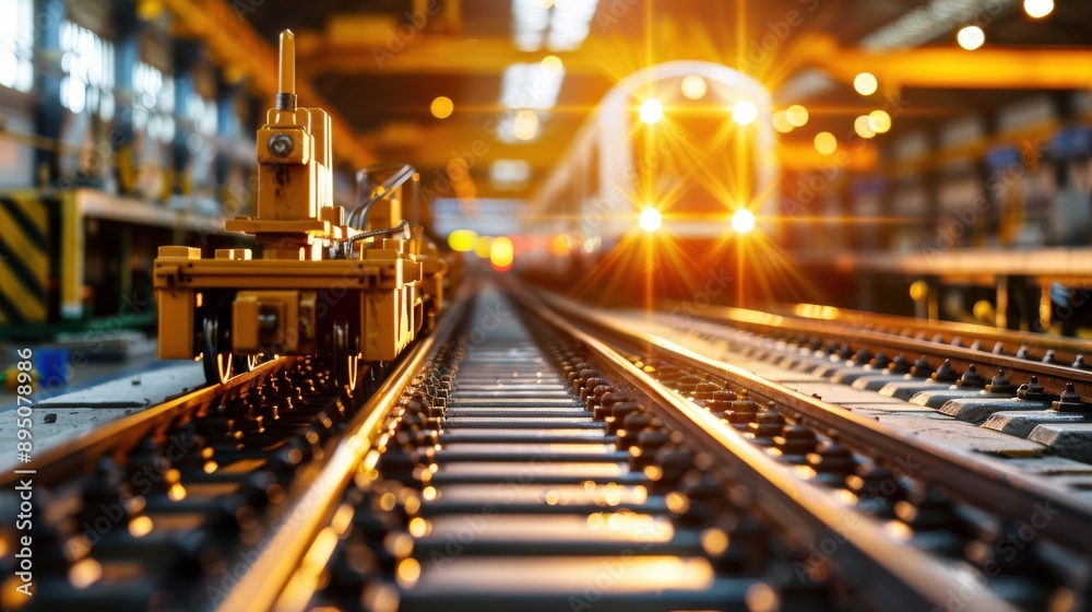 A train is on the tracks with a yellow light shining on it A train is on the tracks with a yellow light shining on it