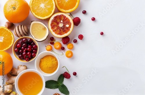 Citrus Fruits, Berries, and Honey on White Background