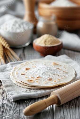 Freshly Baked Tortillas on Wooden Board