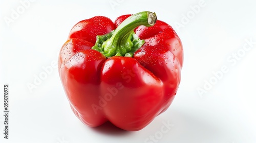 Red bell pepper isolated on white background. Fresh, healthy vegetable with water drops. Perfect for salads, stir-fries, and more. photo