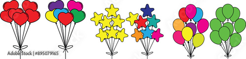 Balloons flying up. Air balloons groups, festive decorations floating. Balloons bunches, bundles. Festive decorations floating, soaring. Helium balloons decor on strings.vector eps10