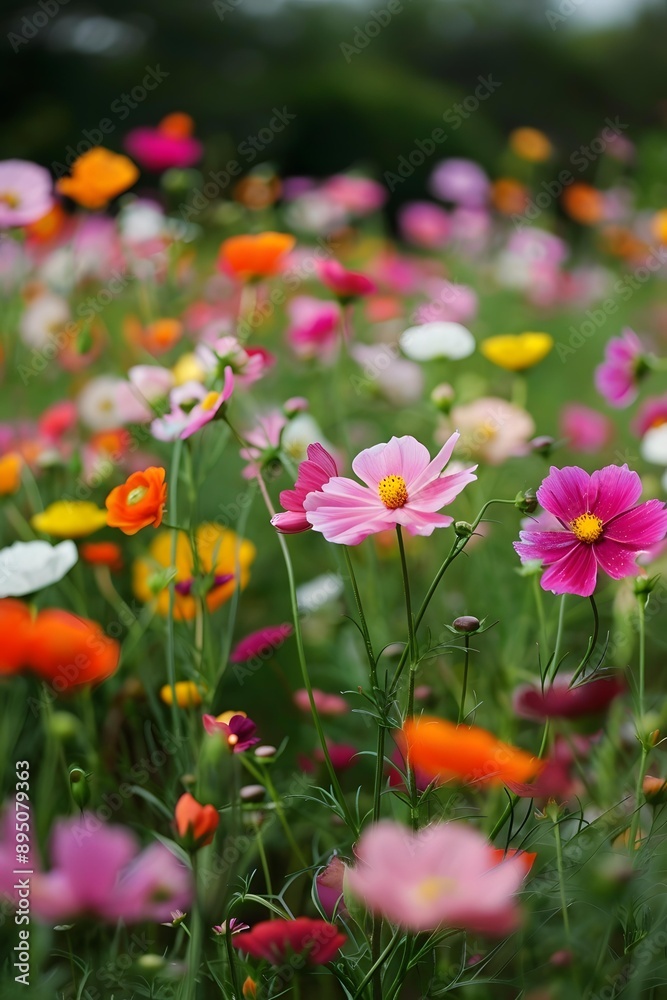 Close Up of Pink, White, and Orange Cosmos Flowers in a Field Close Up of Pink, White, and Orange Cosmos Flowers in a Field