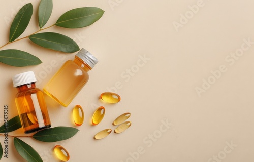 Bottles and Pills on Beige Background