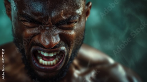 A powerful photo of a muscular, well-built black man screaming in anger, with intense expression and sweat glistening. Perfect for representing raw emotion.