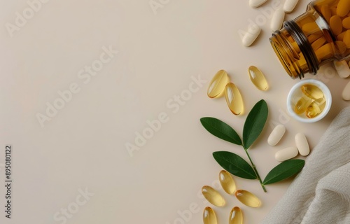 Bottles and Pills on Beige Background