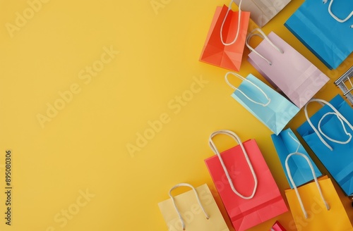 Shopping Cart and Bags on Yellow Background