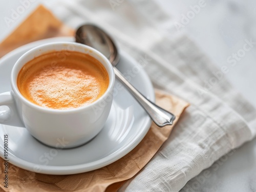 Cup of Coffee on White Tablecloth