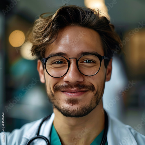 "Friendly Doctor with Stethoscope and Glasses Smiling at the Camera"