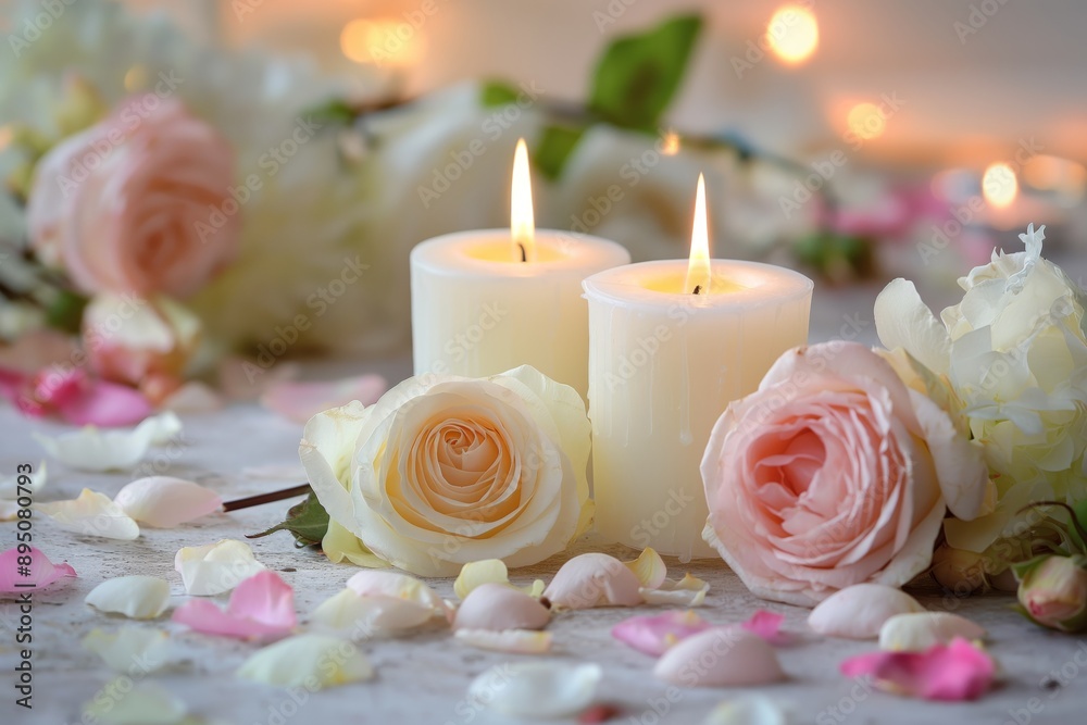 Sympathy and Condolences: White Candles with Roses and Flower Petals for Funeral Memorials Sympathy and Condolences: White Candles with Roses and Flower Petals for Funeral Memorials