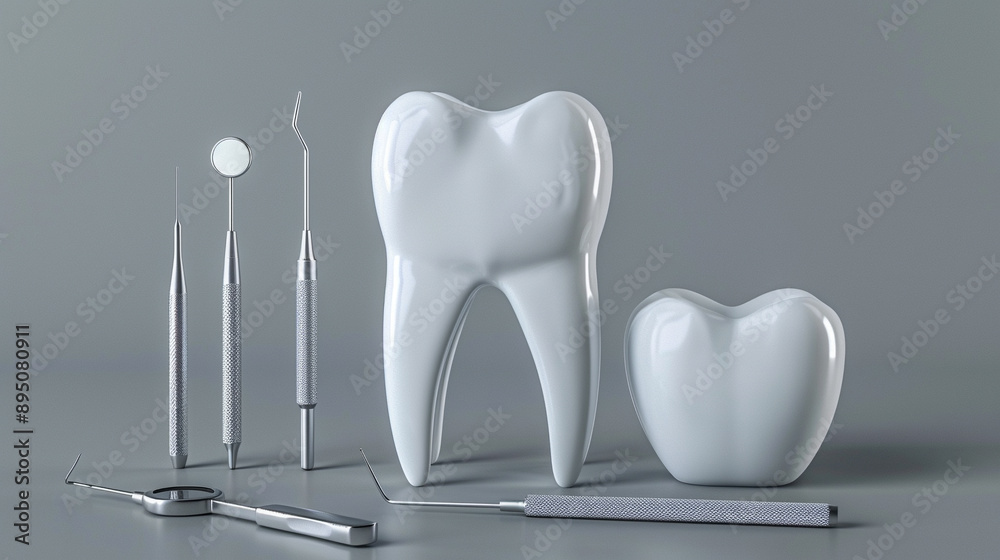 White healthy tooth 3D on a background with dentist tools White healthy tooth 3D on a background with dentist tools
