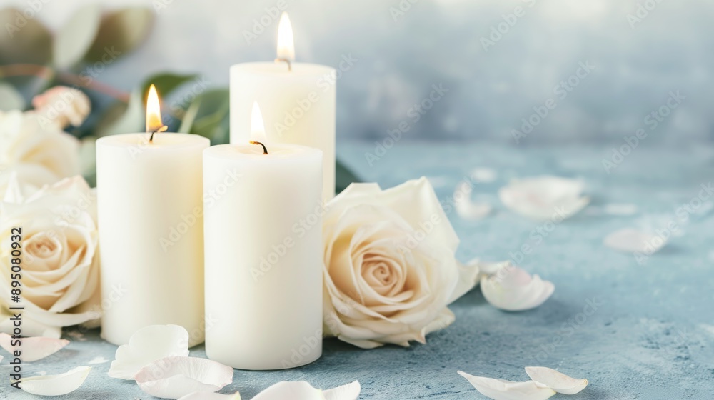 Sympathy and Condolences: White Candles with Roses and Flower Petals for Funeral Memorials Sympathy and Condolences: White Candles with Roses and Flower Petals for Funeral Memorials