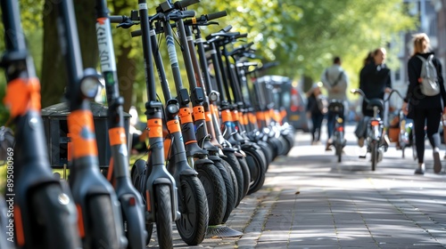 A row of electric scooters parked on a city street. The scooters are black and orange, and they are all parked in the same direction. photo