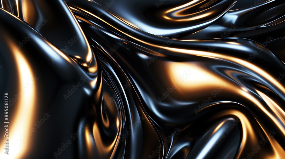 A dynamic composition of black and gold reflective surfaces, showcasing smooth and flowing textures that evoke elegance and luxury. A dynamic composition of black and gold reflective surfaces, showcasing smooth and flowing textures that evoke elegance and luxury.