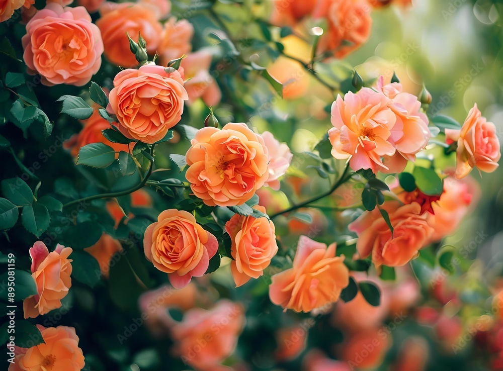 Peach Colored Roses Blooming In The Garden Peach Colored Roses Blooming In The Garden