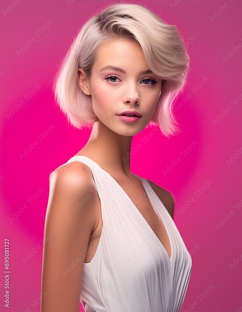 studio portrait of a short hair young blonde woman wearing a white dress on pink fluo background
studio portrait of a short hair young blonde woman wearing a white dress on pink fluo background