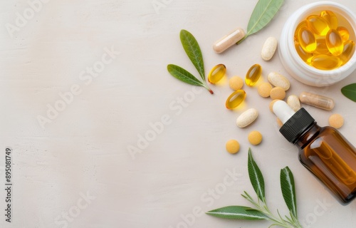 Bottles and Pills on Beige Background