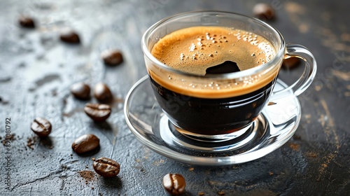 A cup of coffee on a saucer. The cup is made of glass and is filled with a dark brown liquid. The saucer is made of ceramic and is white. photo