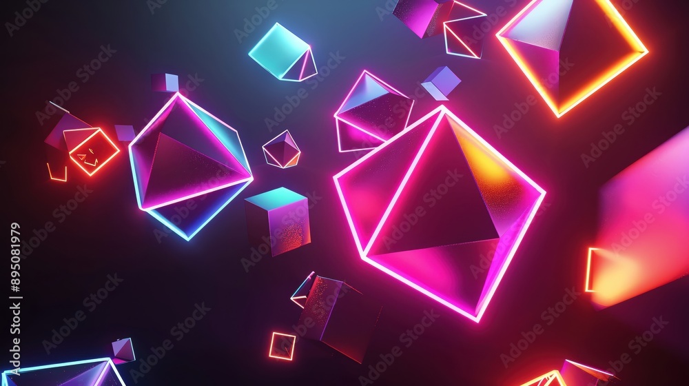 Vibrant abstract shapes in neon colors floating against a dark background, creating a dynamic and futuristic visual experience. Vibrant abstract shapes in neon colors floating against a dark background, creating a dynamic and futuristic visual experience.