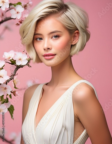 studio portrait of a short hair young blonde woman wearing a white dress on pink background