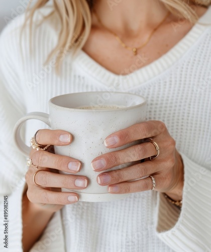 Woman Holding Coffee Cup in White Sweater