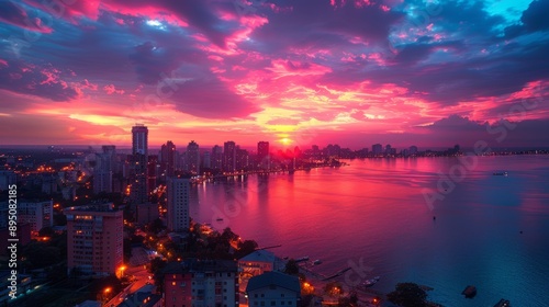 City Skyline at Sunset With Pink and Blue Skies Over Water