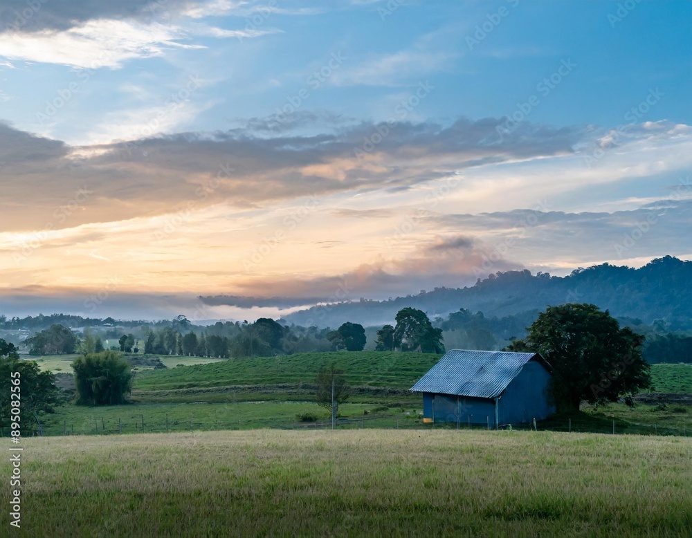 Fototapeta premium Art countryside landscape; rural farm and farmland field