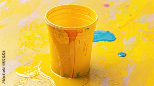 Yellow plastic water cup for rinsing brushes when watercolor painting