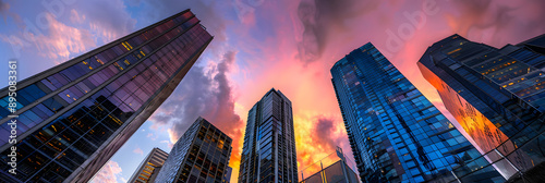 Modern skyscrapers silhouetted against sunset sky photo