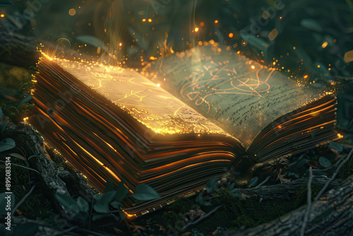 Illustration of a glowing magic book with spells and runes in a mystical forest setting