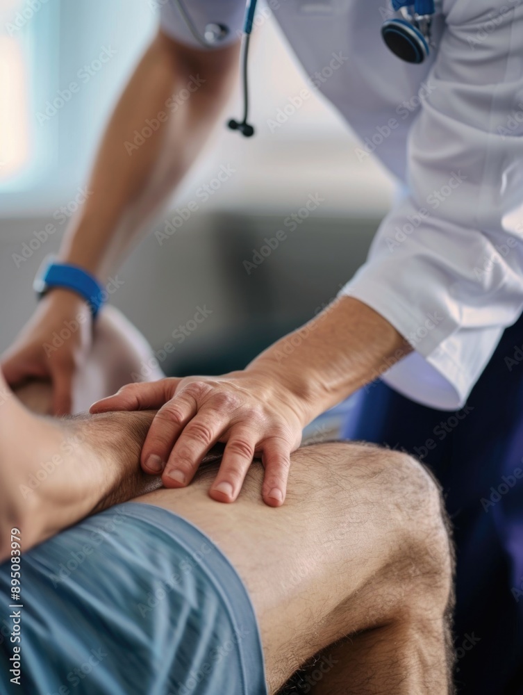 Doctor Examining Knee With Stethoscope Doctor Examining Knee With Stethoscope