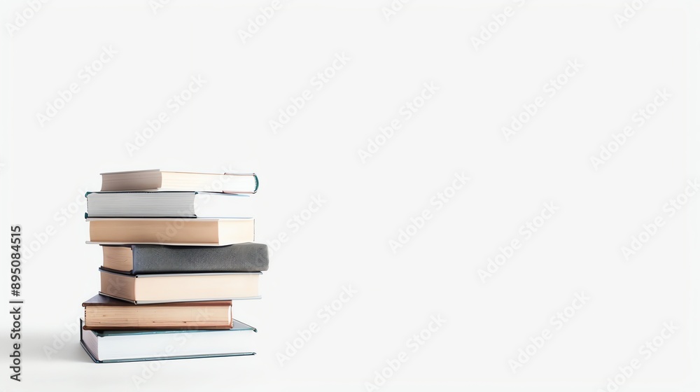 Fototapeta premium A stack of books on a white background. The books are different colors and sizes. The top book is open and the pages are fanned out.
