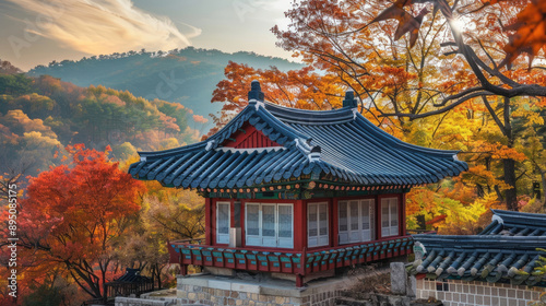 horizontal banner, Chuseok Autumn Festival, traditional Korean architecture, hanok house in the autumn mountains