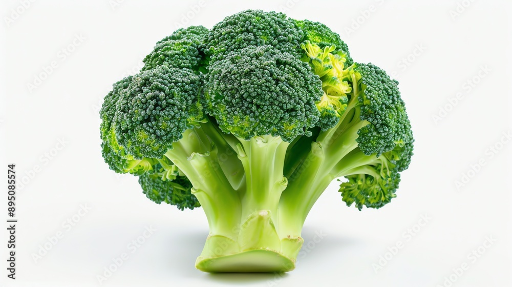 A large, fresh head of broccoli sits on a white background. The broccoli is a vibrant green color and has a firm, compact head. A large, fresh head of broccoli sits on a white background. The broccoli is a vibrant green color and has a firm, compact head.