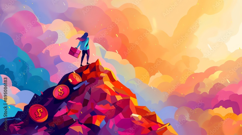 Fototapeta premium A woman stands on top of a mountain of money, looking out over a colorful landscape. She is holding a briefcase and wearing a determined expression.