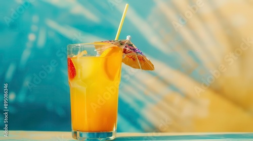 Refreshing tropical cocktail in a glass, garnished with fruit and a straw, perfect for summer vibes and sunny days. photo