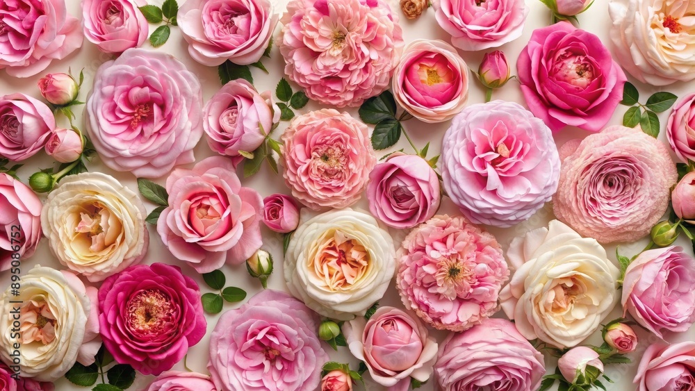 Fototapeta premium A Delicate Bouquet of Pink Roses, Flat Lay Composition, Floral Arrangement, Soft and Romantic Roses, floral, bouquet, arrangement